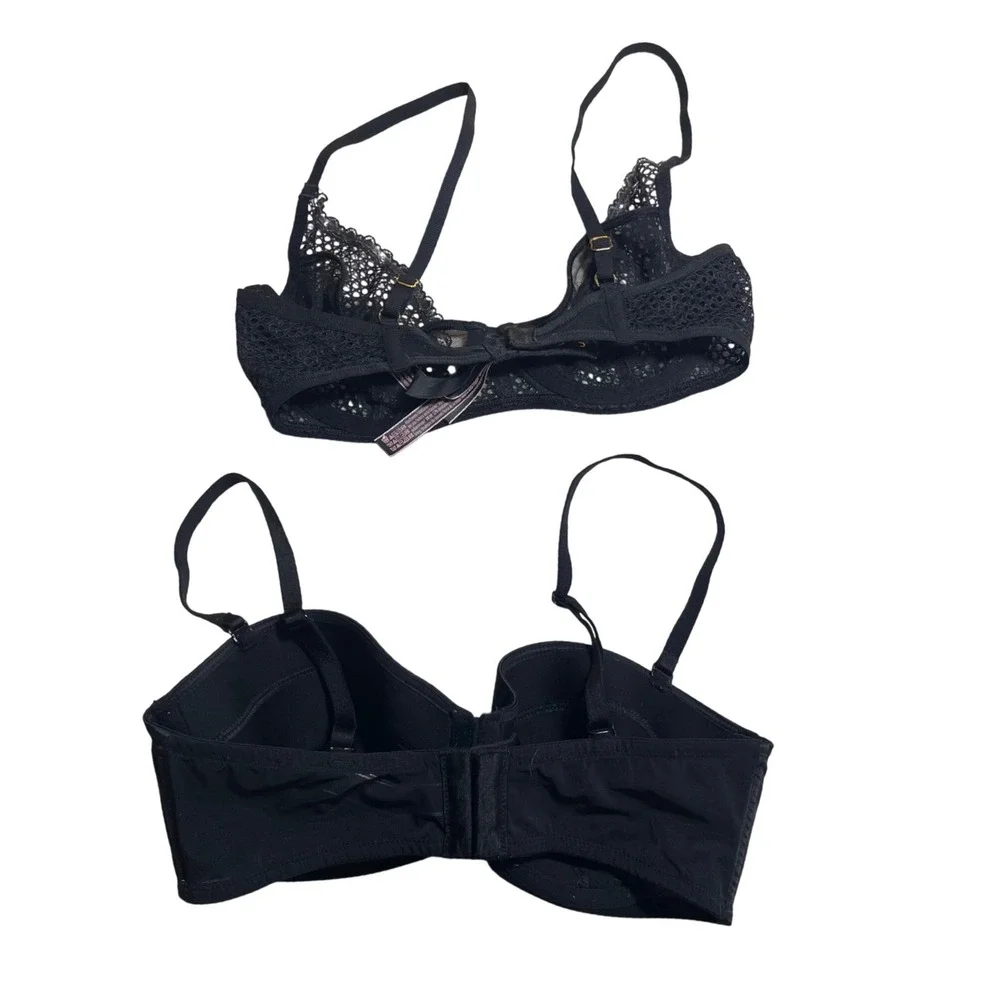 Victoria's Secret Black Bra Lot 34C Unlined Lace Demi & Satin Balconet Set